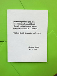 Letterpress greeting card inspired by Louise Penny’s Still Life, featuring a tea and murder mystery theme.