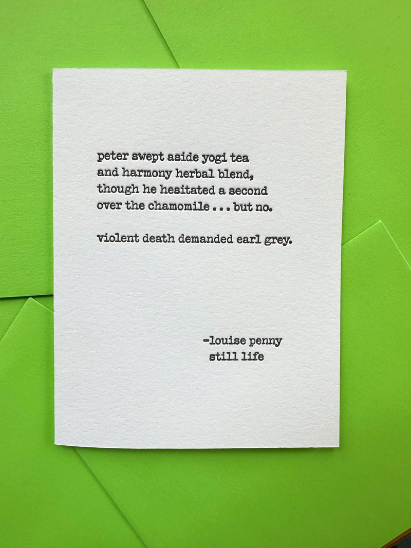 Letterpress greeting card inspired by Louise Penny’s Still Life, featuring a tea and murder mystery theme.