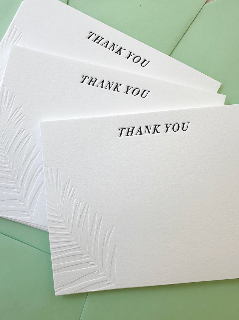 Letterpress thank you card with fern design and black ink