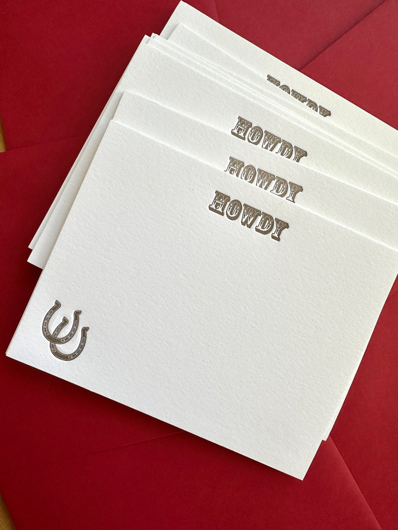 Howdy Letterpress Stationery with brown ink, red envelope and a horse shoe for thank you notes.