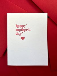 Letterpress Mother’s Day card with ‘Happy Mother’s Day’ message and red heart design on premium paper.