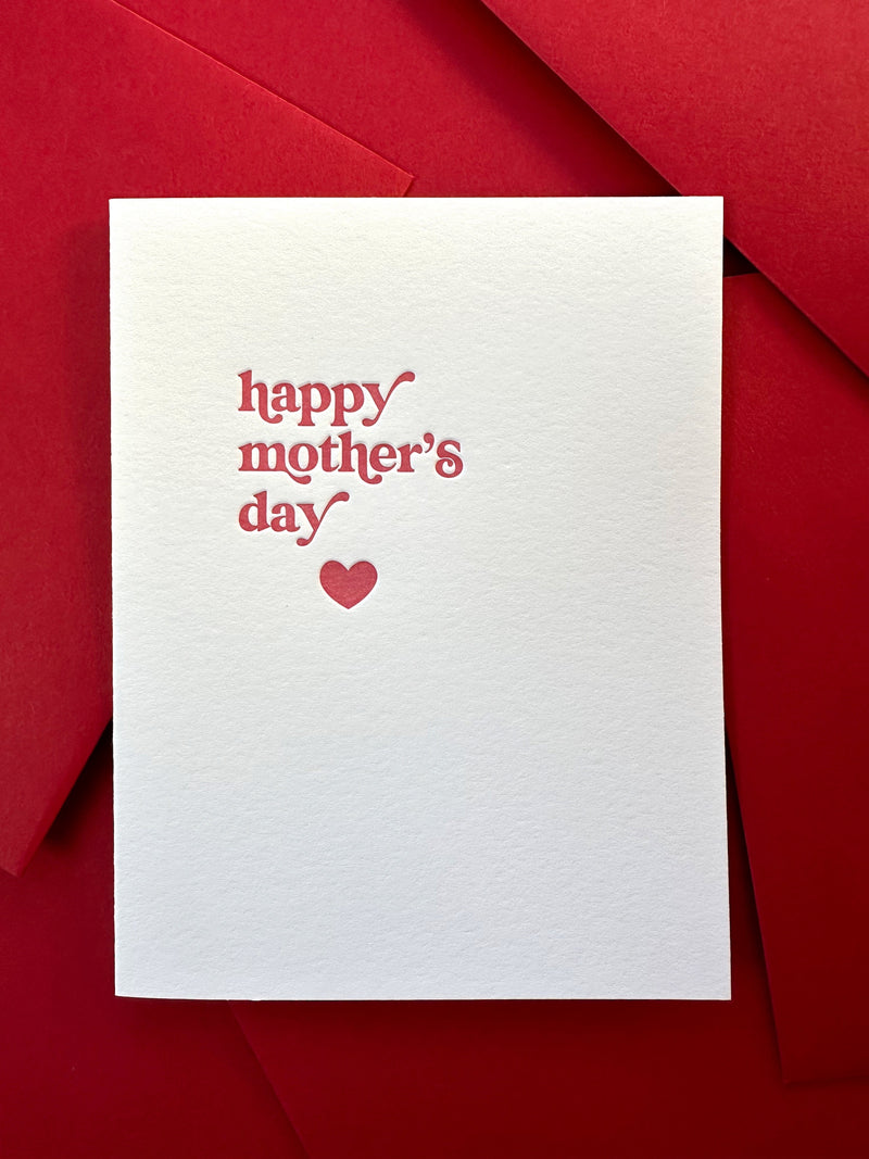 Letterpress Mother’s Day card with ‘Happy Mother’s Day’ message and red heart design on premium paper.
