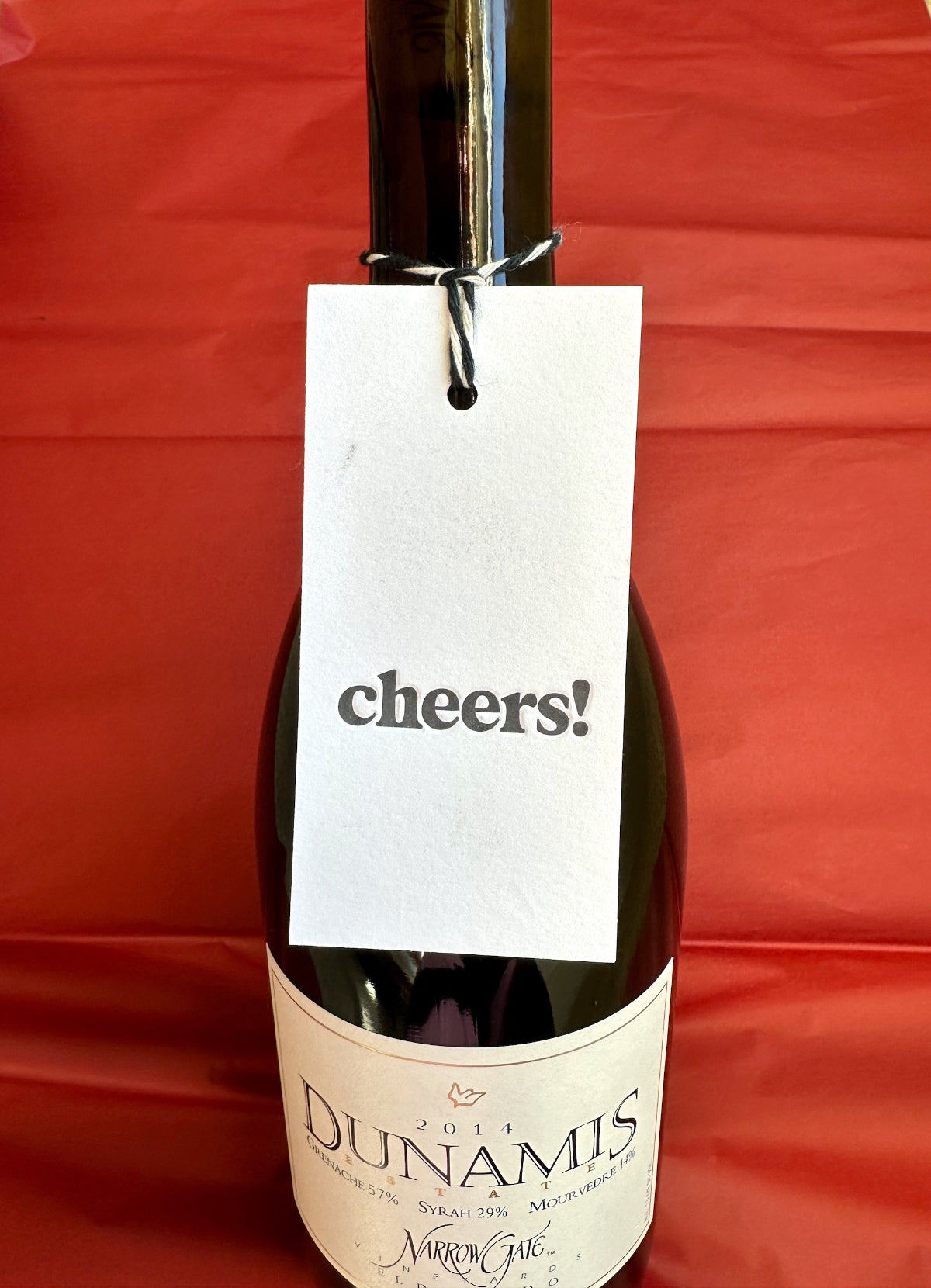 Dunamis wine with a 'cheers!' letterpress tag perfect for wine-gifting