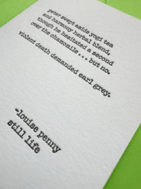 Close-up of letterpress impression on greeting card inspired by Louise Penny’s Still Life.
