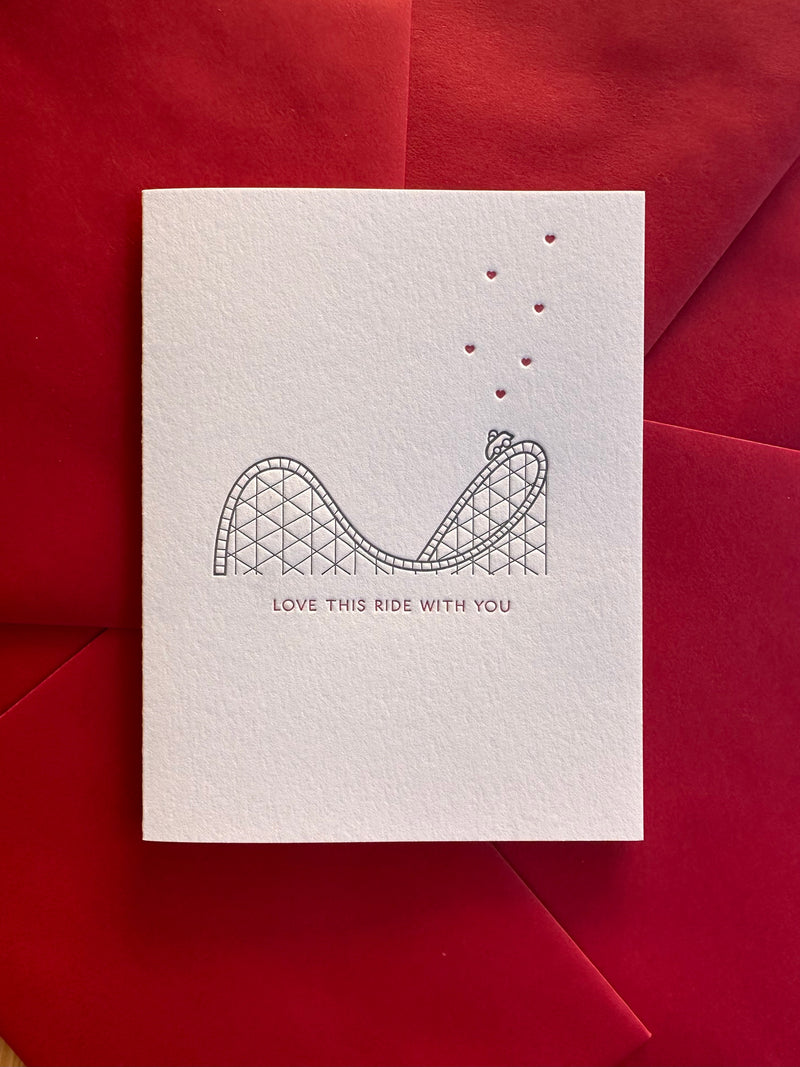 Letterpress love card with rollercoaster and hearts saying I Love This Ride With You