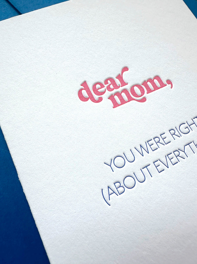 Funny and emotional Mother's Day letterpress card on premium cotton stock