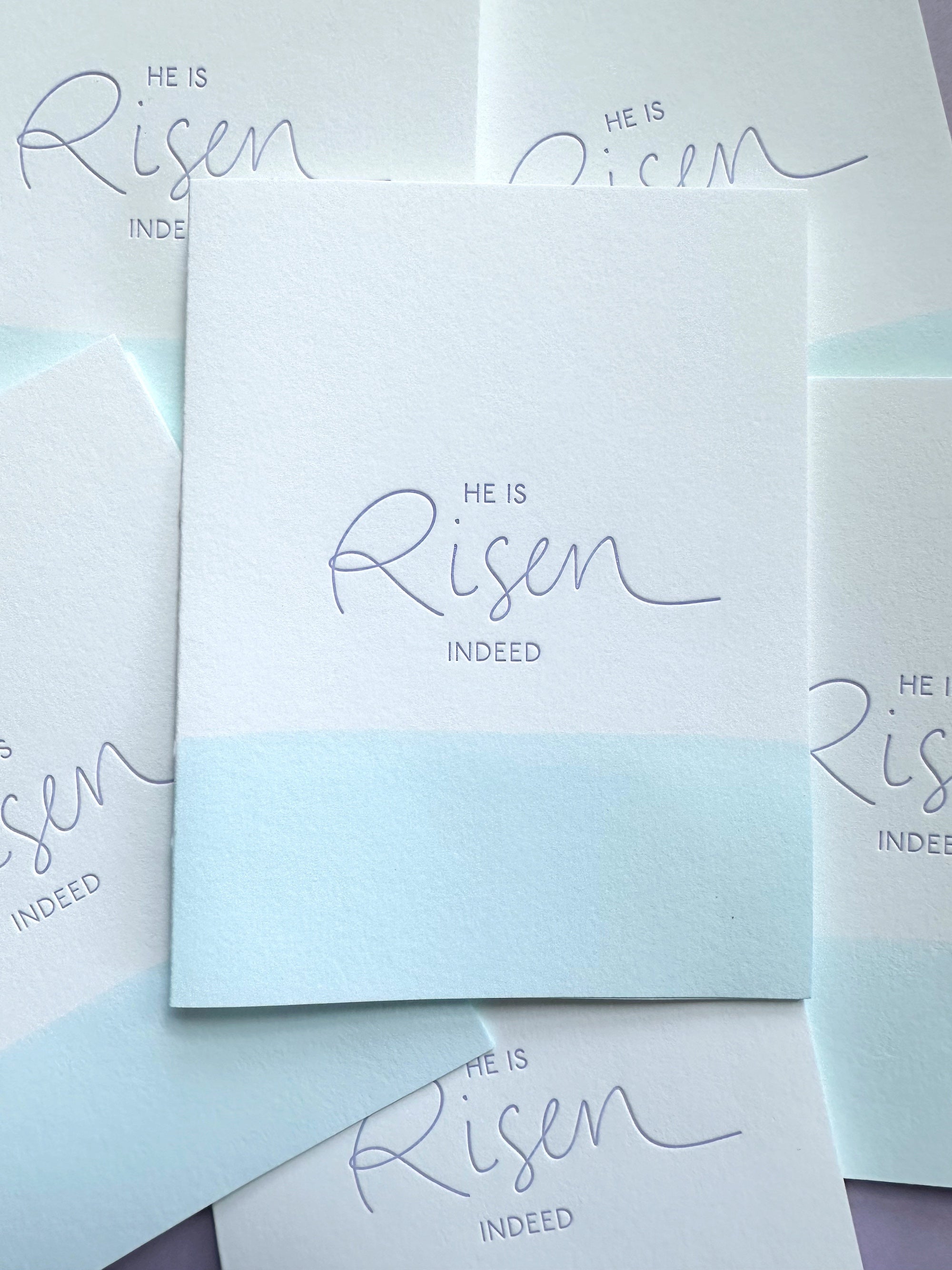 Letterpress Easter card featuring the phrase ‘Risen Indeed,’ printed on cotton paper.