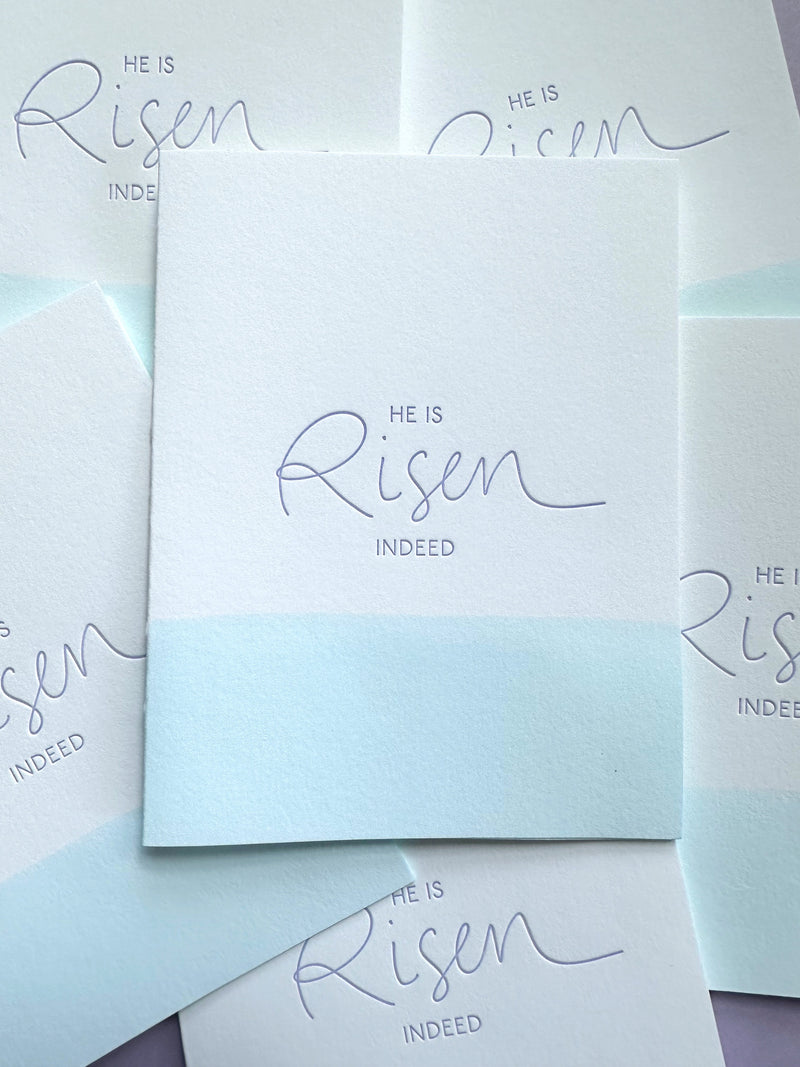 Letterpress Easter card featuring the phrase ‘Risen Indeed,’ printed on cotton paper.